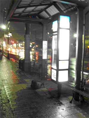 picture shows a bus shelter on the sidewalk with a lighted box on a pole.  The box is about a foot wide and deep, and 4 feet high.